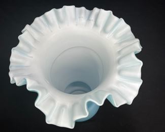 Victorian Blue Satin Glass Ruffle Edge Vase