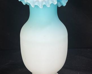 VTG Fenton Satin Glass Blue to White Ruffle Vase