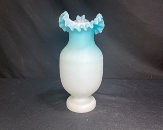 VTG Fenton Satin Glass Blue to White Ruffle Vase