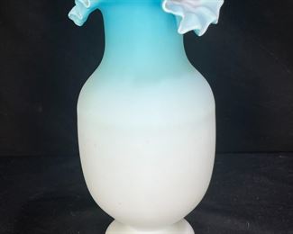 VTG Fenton Satin Glass Blue to White Ruffle Vase