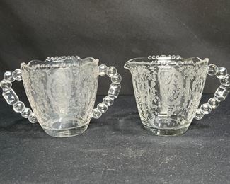 Tiffin June Night Etched Clear Glass Cream & Sugar