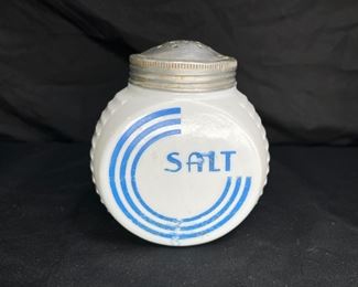 Hocking Milk glass "Vitrock" Blue Circle Salt