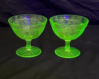 2 VTG Princess Green Uranium Glass Sherbet Cups
