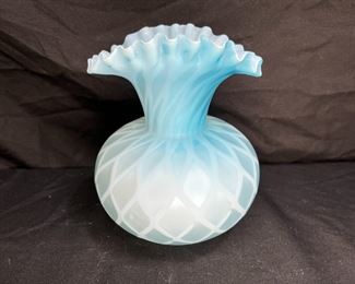 Victorian Blue Quilted MOP Ruffled Satin Vase