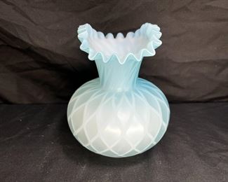 Victorian Blue Quilted MOP Ruffled Satin Vase