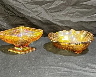 2 Indiana Harvest Gold Carnival Glass Dishes