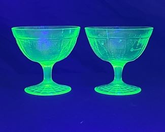2 VTG Princess Green Uranium Glass Sherbet Cups