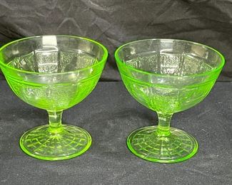 2 VTG Princess Green Uranium Glass Sherbet Cups