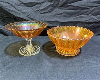 Vtg Amber Carnival Glass Compote & Footed Bowl