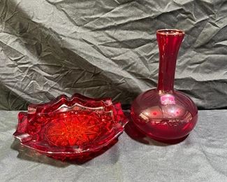 Vintage Viking Ruby Vase & LE Smith Ashtray