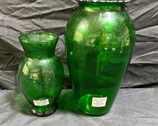 2 Vtg Hocking Forest Green 9" & 6 3/8" Vases