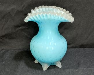 Fenton Satin Blue Bubble Optic Ruffle Fan Vase