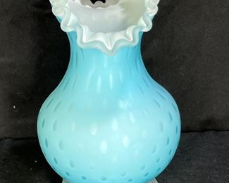 Fenton Satin Blue Bubble Optic Ruffle Fan Vase
