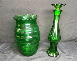 Hocking Emerald Green Beehive Vase & Avon Bottle