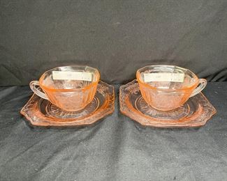 2 Pink Mayfair Open Rose Sups & Saucers