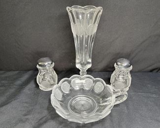 Fostoria Coin Glass Nappy, Vase, Salt & Pepper