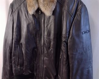 DKNY Leather Bomber Jacket Fur Collar 