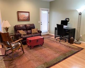 Leather Power Recline / Reclining Sofa Loveseat, Rocking Chair, Desk, Apple Computer, Military Trunk Converted to Rolling Coffee Table Storage