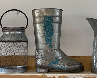 Galvanized metal milk pitcher & Boot Planter