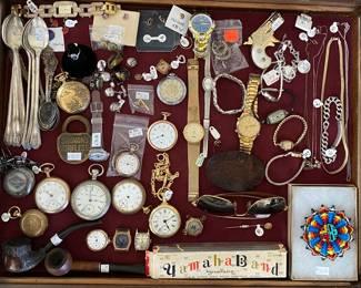 Pocket Watches, Harmonica in Box, Smoking Pipes, Ray Bans