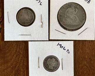 Seated Liberty Silver Dime, Seated Liberty Silver Half Dollar, and Barber Silver Dime