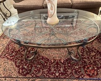 Contemporary Wrought Iron Base with Oval Glass Topped Coffee Table