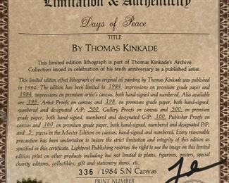 THOMAS KINKADE "Days of Peace" Limited Edition Lithograph (336/1984)