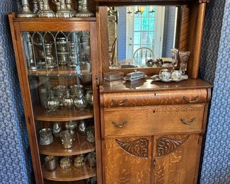 Antique Hand Carved Tiger Oak Side by Side with Claw and Ball Feet