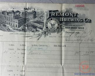 1917 FREMONT BREWING CO Original Bill of Sale