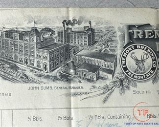 1917 FREMONT BREWING CO Original Bill of Sale