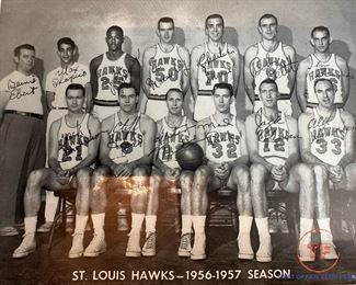 1956 - 1957 ST LOUIS HAWKS Signed Team Print with Original Official Program