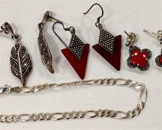 THREE PAIRS STERLING EARRINGS AND ONE CHAIN BRACELET.  One pair with red glass triangles, two pairs with marcacites