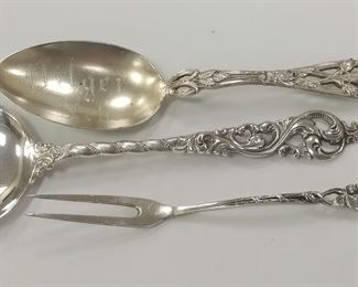830 SILVER ANTIQUE SPOON WITH ORNATE HANDLE, 5.5" LONG,  ALVIN STERLING TEASPOON, BOWL MONOGRAMMED PILGER, NEB, 5.5" LONG.
AMB 800 SILVER COCKTAIL FORK WITH ROSE MOTIF HANDLE, 4.25" LONG
51.3 GRAMS OR 1.64 TROY OUNCES
ESTIMATE $35.39