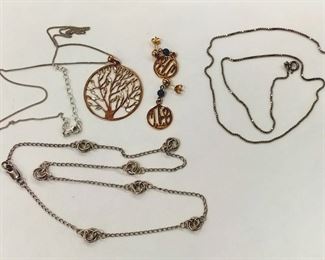 THREE CHAIN NECKLACES,  A ROSE GOLD PLATED TREE PENDANT,  PAIR OF EARRINGS WITH EGYPTIAN ANKH SYMBOL
TOTAL WEIGHT 17.4 GRAMS