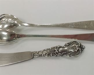 STERLING HANDLED 5 3/8" LONG FISH KNIFE, NOTE STAIN ON BLADE, STERLING SUGAR SPOON, WHITING STERLING SPECIALTY SPOON.
WEIGHT EXCLUDING THE KNIFE 55.1 GRAMS OR 1.77 TROY OUNCES.   ESTIMATE $40.35