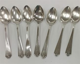 SET OF SEVEN WALLACE STERLING TEASPOONS, HANDLES ARE MONOGRAMMED.  5.75" LONG.
Two are damaged, one handle bent, one tip dented.  4.59 TROY OUNCES OR 142.8 GRAMS
ESTIMATE $104.66

http://coinapps.com/silver/sterling/calculator/
