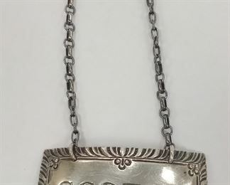 STEIFF WILLIAMSBURG STERLING SILVER LIQUOR BOTTLE TAG, MONOGRAMMED FOR SCOTCH. 1 7/8" BY 1".  14.0 GRAMS