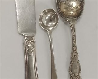 GEORGIAN STERLING SILVER SALT SPOON WITH WHAT APPEARS TO BE 1833 LONDON HALLMARK.  3 5/8" LONG.  HANDLE MONOGRAMMED.                                        
A GEORGIAN PASTRY KNIFE WITH LONDON HALLMARKS. HAS ONE OF THE 'S' DATE MARKS.
AS IS SEATTLE WATERFRONT G.SILVER SPOON.  BOWL IS TORN OFF, NEED PROFESSIONAL REPAIR

WEIGHT 1.66 TROY OUNCES.  We are estimating both sterling pieces to be from the 1830's

ESTIMATE $37.85
