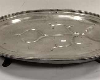 SHAW & FISHER SHEFFIELD LARGE OVAL PEWTER MEAT PLATTER. HAS TANK/SPOUT WITH HINGED LID FOR FILLING WITH HOT WATER.  26" FROM HANDLE TO HANDLE. 18.5" WIDE  ENGLISH ca 1830-1894.  HAS DENT AND SOME SCRATCHES FROM USE