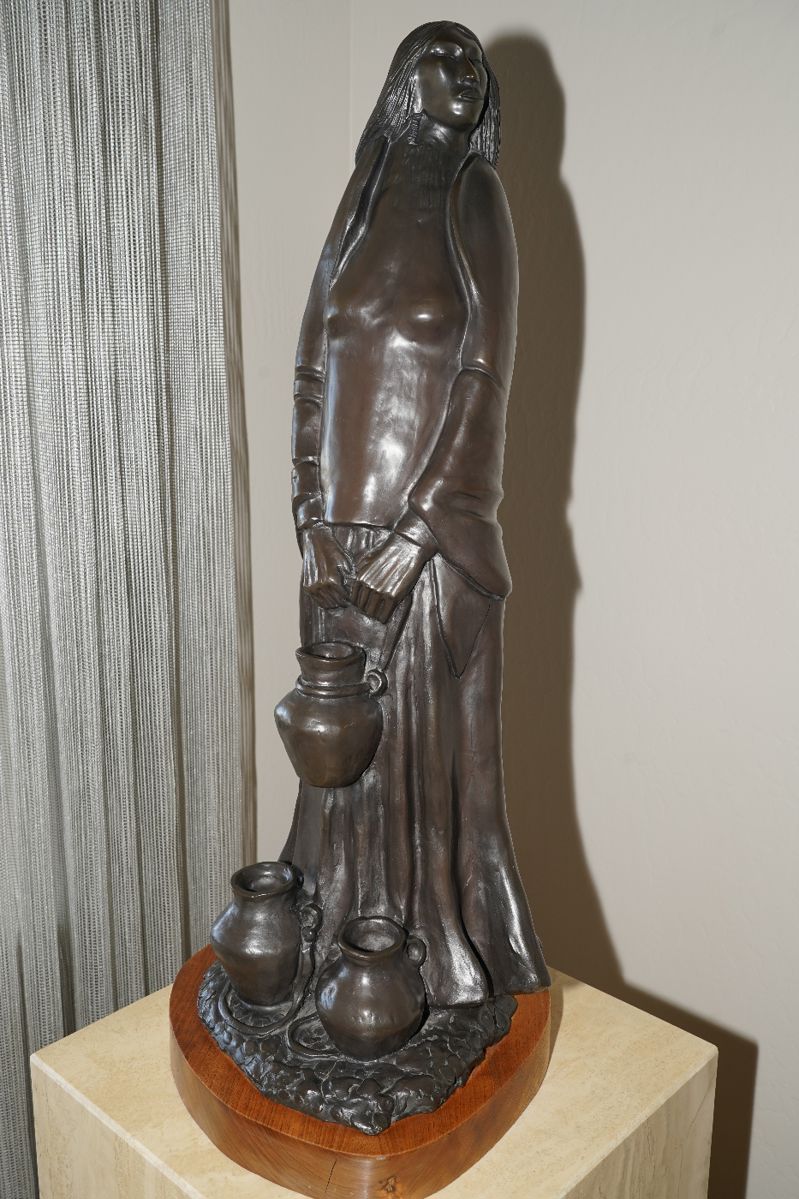 Allan Houser
American, 1914-1994
Untitled (Woman with Pots)
Signed and numbered Allan Houser 7/20
Bronze on wood base, from an edition of 20