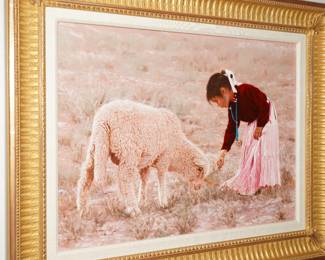 Native American Girl in Pink w/ Sheep. Painting by Larry Riley