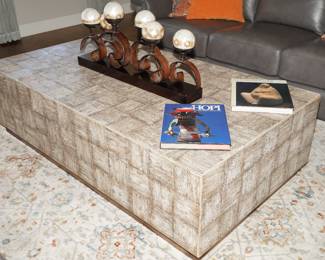 Distressed Marquetry Paneled Coffee Table on Harwood Base