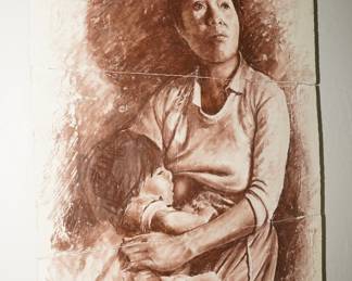 "Love of Mother" painting on wood by Miguel Varela 1984