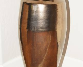 Large Gold Asian Style Rake Pottery Vase with Lid. Signed Mark Hines