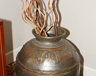 Etched metal ball floor planter with decorative sticks