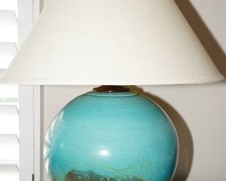 Blue & green ceramic globe on lucite stand table lamp