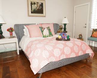 Gray IQ Bedframe-Germany. Harrison Van Horn waterfall end tables. 