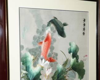 Embroidered koi fish on silk