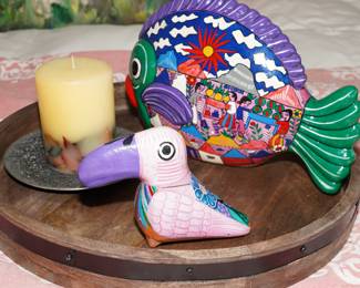 Talavera fish & parrot on vintage distressed wood tray