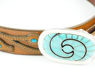 D & A Quandelacy sterling & turquoise belt buckle with hand tooled inlaid turquoise leather belt